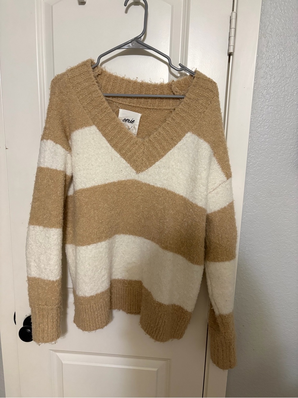 aerie Striped V-Neck Sweater in Cream and Tan